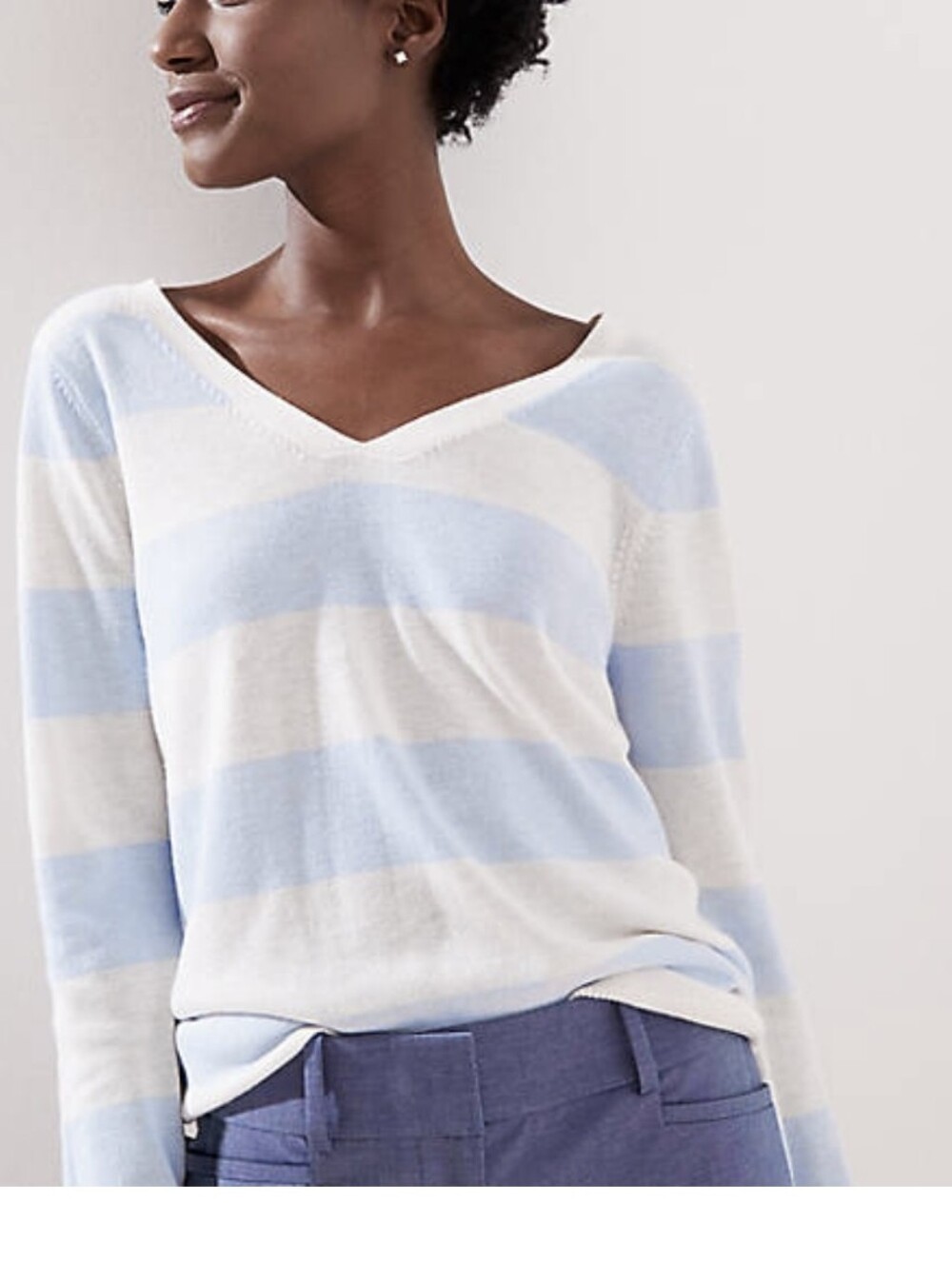Loft Double V-Neck Striped Sweater in Light Blue and Cream Sz.XXL NWT